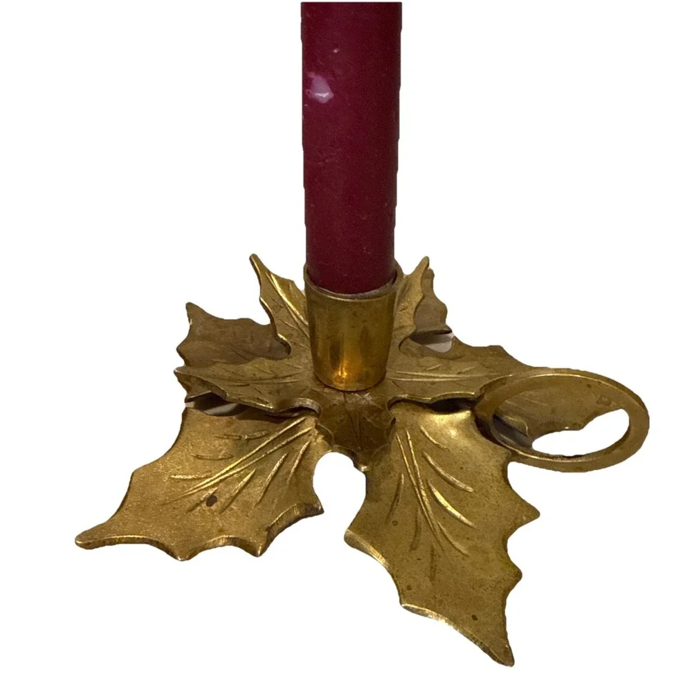 Vintage Solid Brass Holly Leaf Candlestick Holder Ring Handle Christmas MCM
